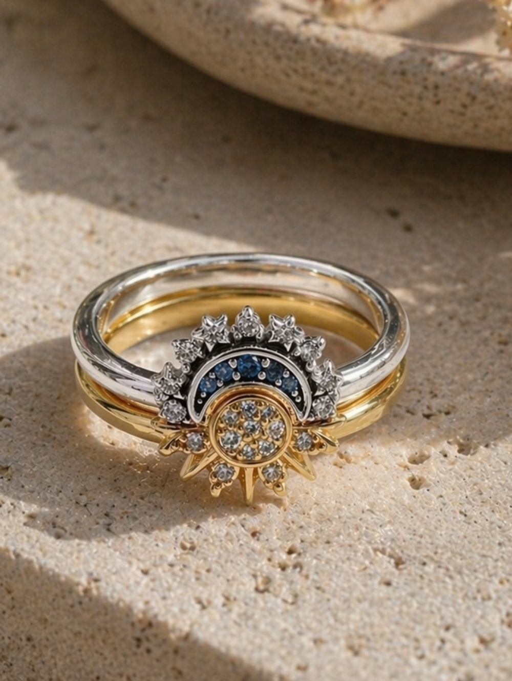 Sun Moon 925 Sterling Silver Cubic Zirconia Ring Set Size 6 Dainty Celestial